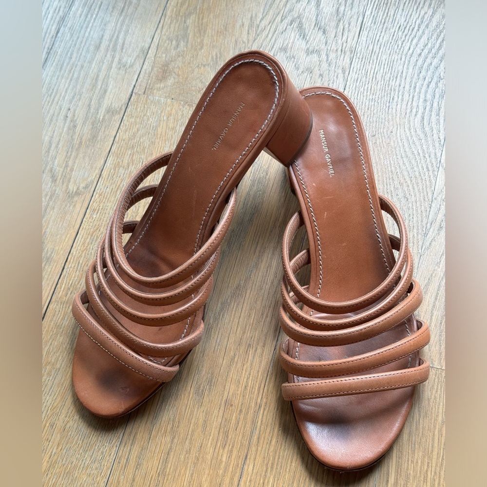 Mansur Gavriel Leather Brown Strappy Block Heel Sandals Size 40 US 9